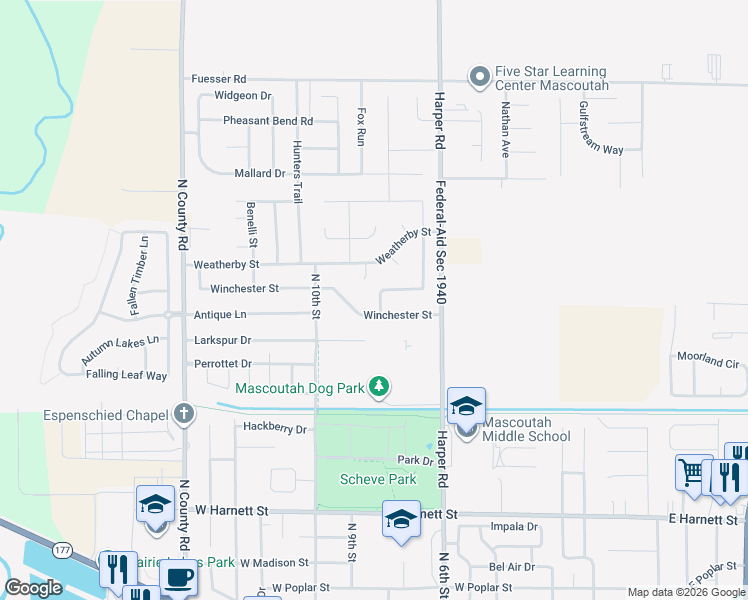 map of restaurants, bars, coffee shops, grocery stores, and more near 805 Indian Prairie Drive in Mascoutah
