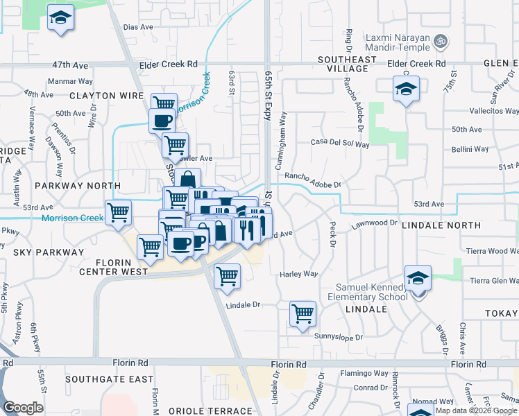 map of restaurants, bars, coffee shops, grocery stores, and more near 6758 65th Street in Sacramento