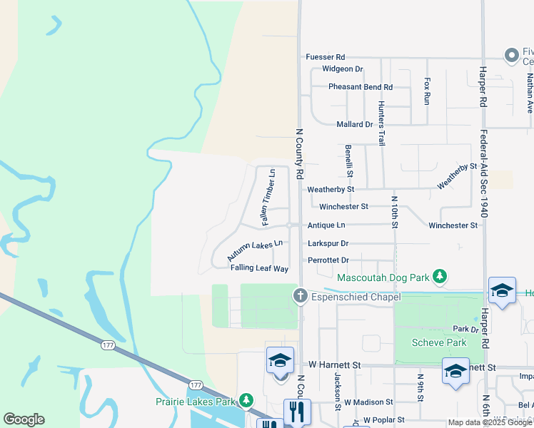 map of restaurants, bars, coffee shops, grocery stores, and more near 1420 Royal Forest Drive in Mascoutah