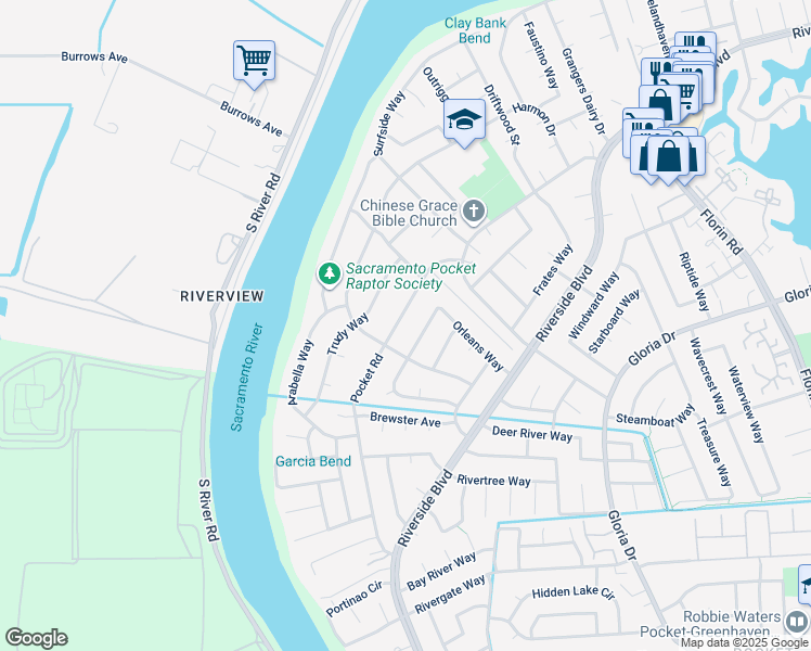 map of restaurants, bars, coffee shops, grocery stores, and more near 6775 Pocket Road in Sacramento