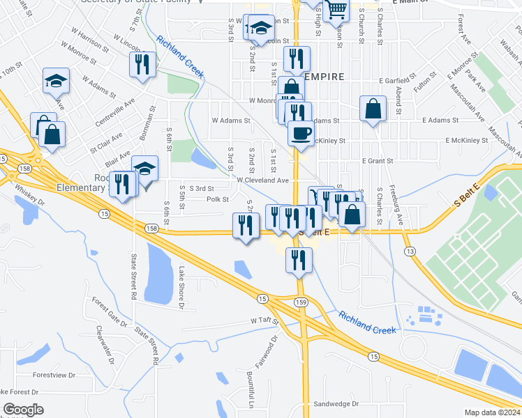 map of restaurants, bars, coffee shops, grocery stores, and more near 101 South Belt West in Belleville