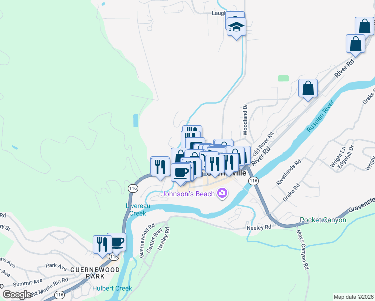 map of restaurants, bars, coffee shops, grocery stores, and more near 16390 4th Street in Guerneville