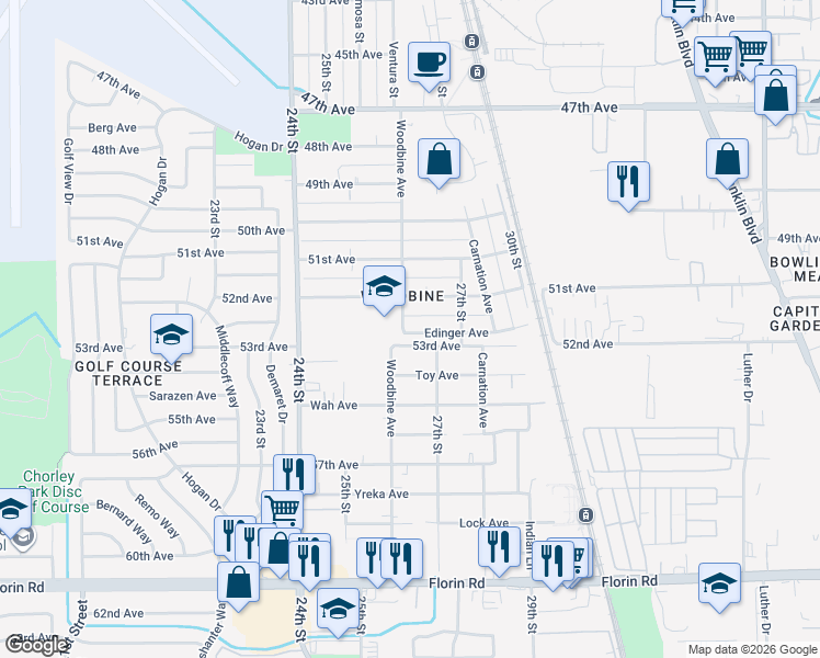 map of restaurants, bars, coffee shops, grocery stores, and more near 2609 Edinger Avenue in Sacramento