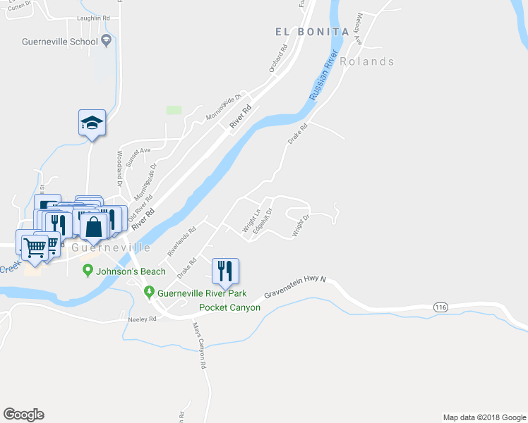 map of restaurants, bars, coffee shops, grocery stores, and more near 15997 Wright Lane in Guerneville