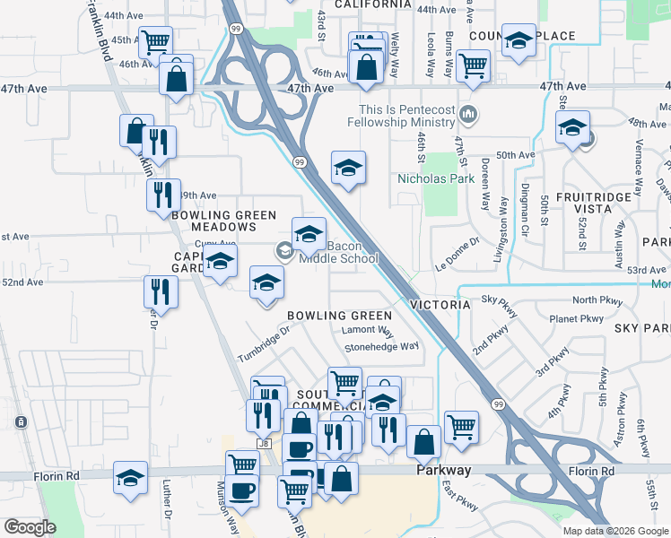 map of restaurants, bars, coffee shops, grocery stores, and more near 4371 Greenwich Circle in Sacramento