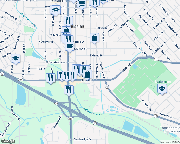 map of restaurants, bars, coffee shops, grocery stores, and more near 1005 South Church Street in Belleville