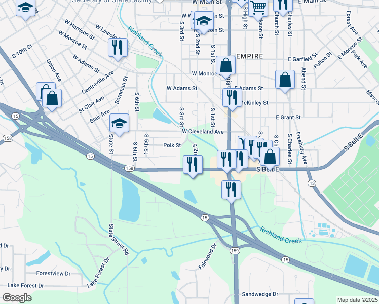 map of restaurants, bars, coffee shops, grocery stores, and more near 201 South Belt West in Belleville