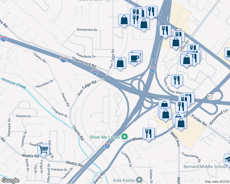 map of restaurants, bars, coffee shops, grocery stores, and more near 4301 Arrow Tree Drive in St. Louis
