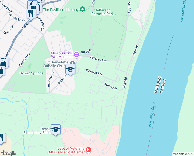 map of restaurants, bars, coffee shops, grocery stores, and more near Kearney Street in Saint Louis