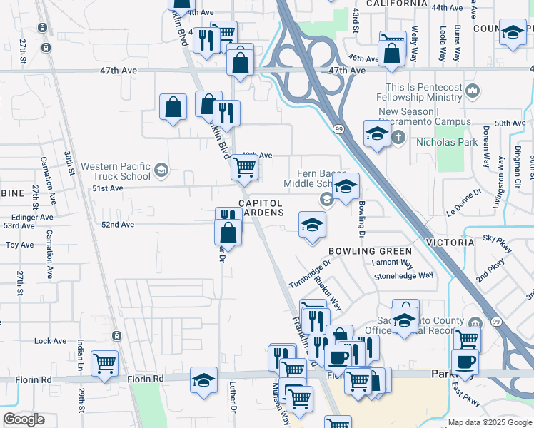 map of restaurants, bars, coffee shops, grocery stores, and more near 3900 Cuny Avenue in Sacramento