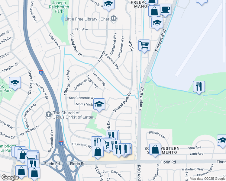 map of restaurants, bars, coffee shops, grocery stores, and more near 6721 Swenson Way in Sacramento