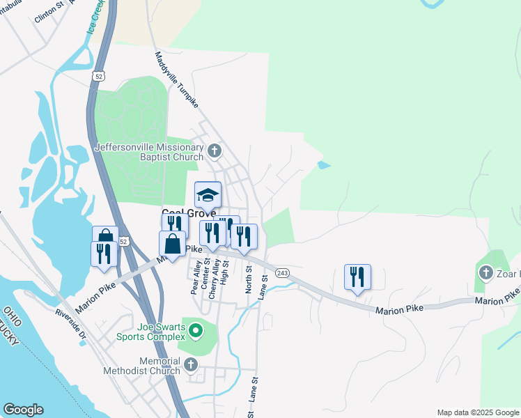 map of restaurants, bars, coffee shops, grocery stores, and more near 136 Lane Street in Coal Grove