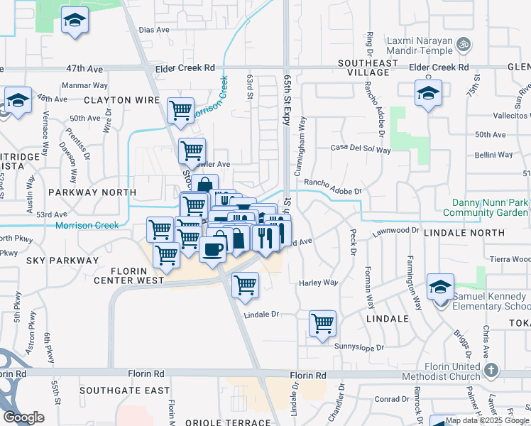 map of restaurants, bars, coffee shops, grocery stores, and more near 6758 65th Street in Sacramento