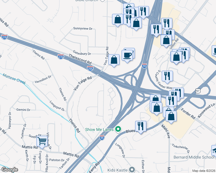 map of restaurants, bars, coffee shops, grocery stores, and more near 4503 Southridge Meadows Drive in St. Louis