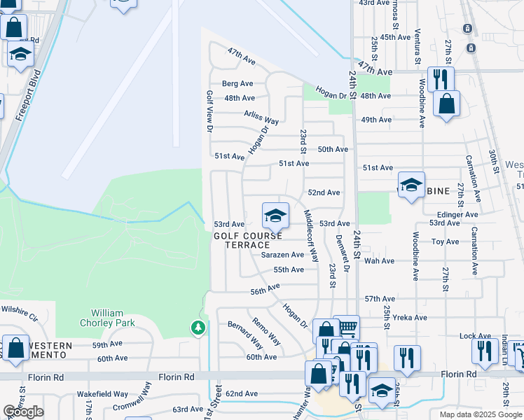 map of restaurants, bars, coffee shops, grocery stores, and more near 2147 54th Avenue in Sacramento