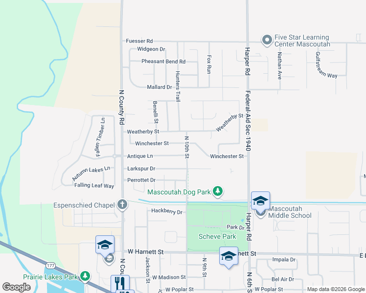 map of restaurants, bars, coffee shops, grocery stores, and more near 9656 Winchester Street in Mascoutah