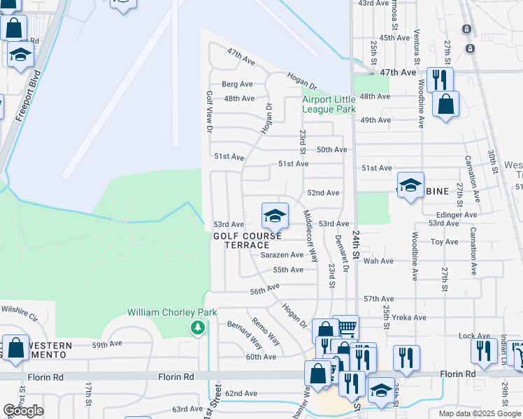 map of restaurants, bars, coffee shops, grocery stores, and more near 6767 Pendleton Street in Sacramento