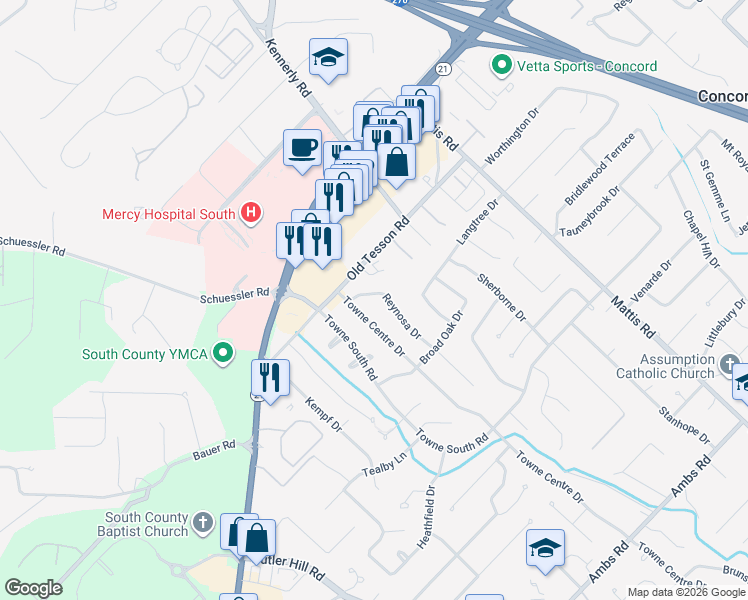 map of restaurants, bars, coffee shops, grocery stores, and more near 5167 Towne Centre Drive in St. Louis