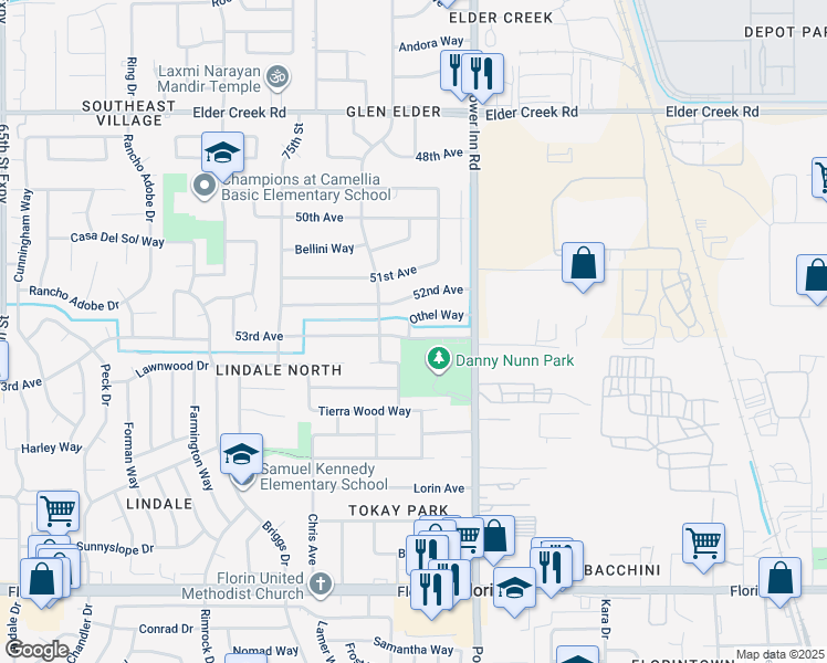 map of restaurants, bars, coffee shops, grocery stores, and more near 7801 53rd Avenue in Sacramento