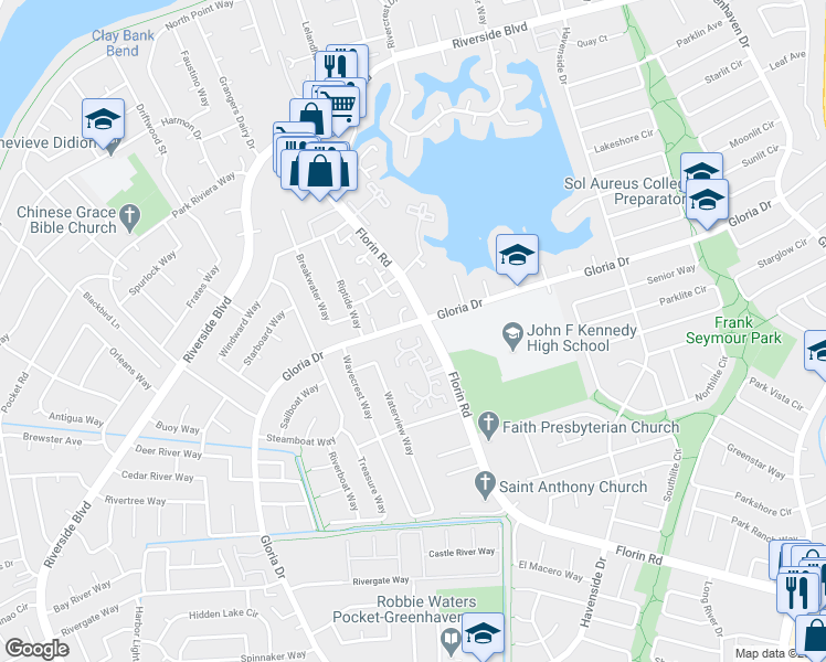 map of restaurants, bars, coffee shops, grocery stores, and more near 301 Roundtree Court in Sacramento