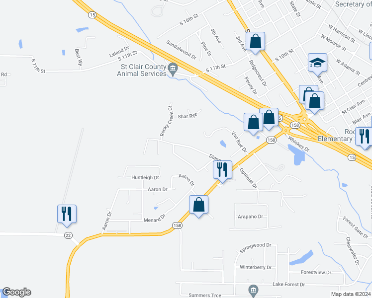 map of restaurants, bars, coffee shops, grocery stores, and more near 65 Dianne Drive in Belleville
