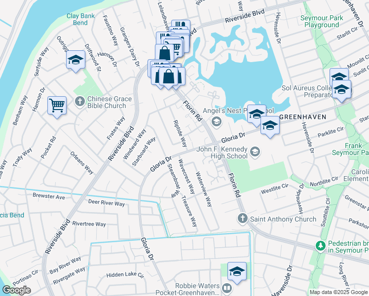 map of restaurants, bars, coffee shops, grocery stores, and more near 6800 Riptide Way in Sacramento