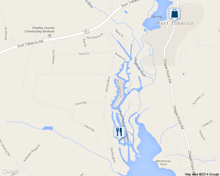 map of restaurants, bars, coffee shops, grocery stores, and more near 7492 Shirley Boulevard in Port Tobacco