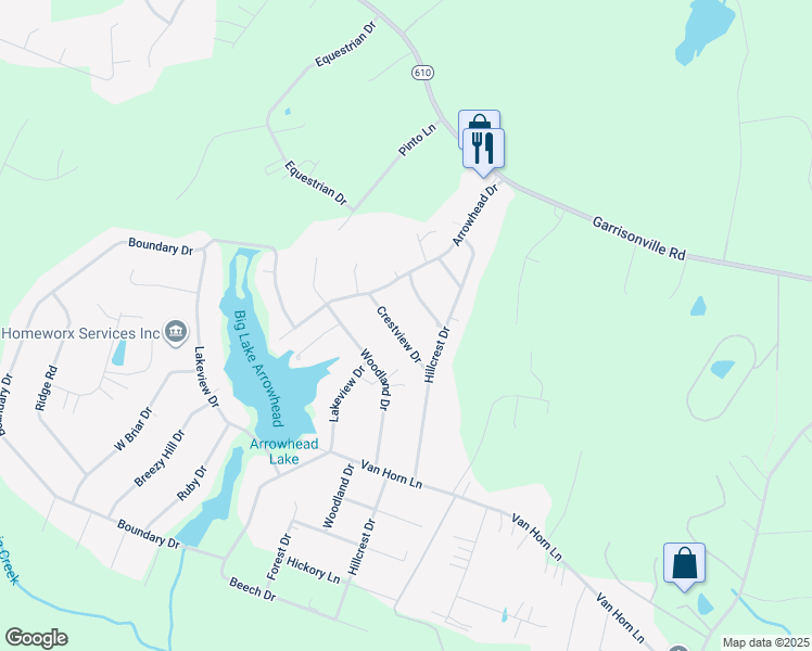 map of restaurants, bars, coffee shops, grocery stores, and more near 9 Crestview Drive in Stafford