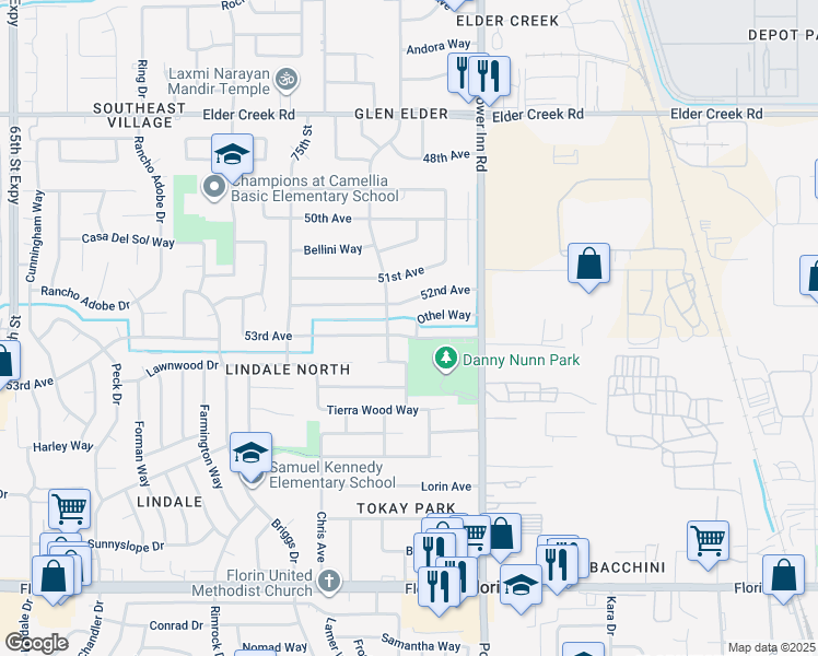 map of restaurants, bars, coffee shops, grocery stores, and more near 7801 53rd Avenue in Sacramento