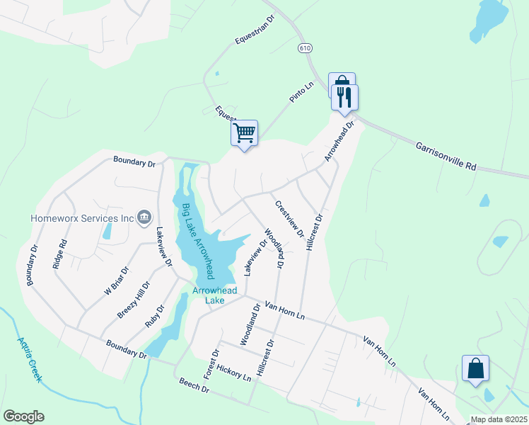 map of restaurants, bars, coffee shops, grocery stores, and more near 142 Woodland Drive in Stafford