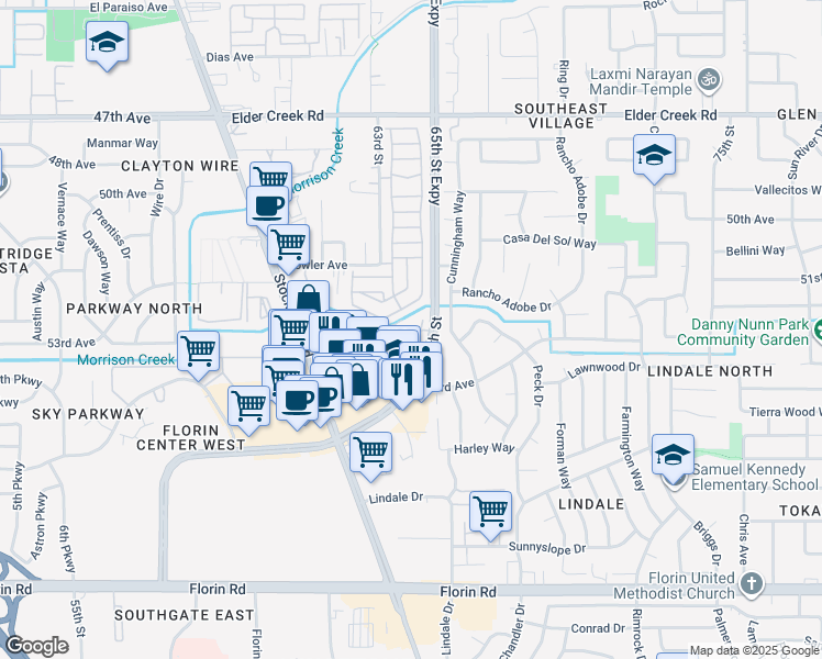 map of restaurants, bars, coffee shops, grocery stores, and more near 6758 65th Street in Sacramento