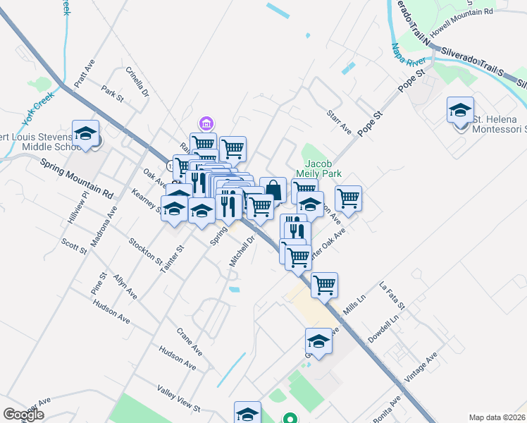 map of restaurants, bars, coffee shops, grocery stores, and more near 1105 Pope Street in St. Helena