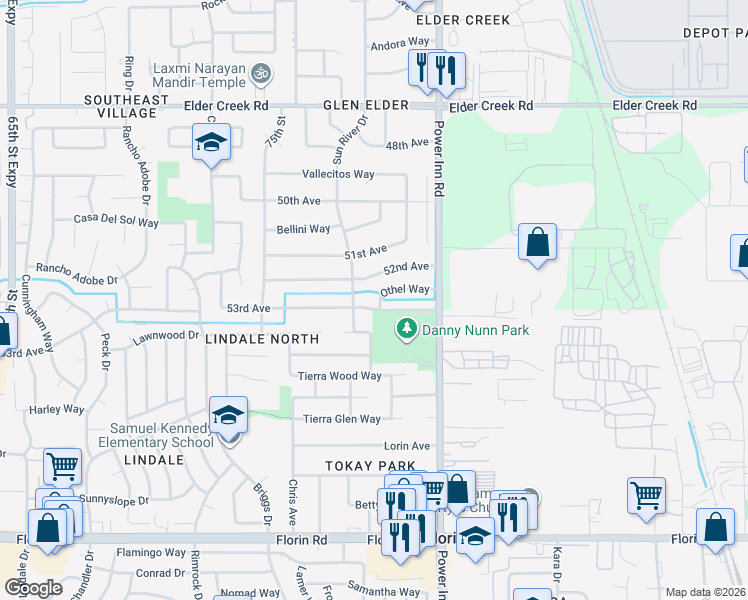 map of restaurants, bars, coffee shops, grocery stores, and more near 7801 53rd Avenue in Sacramento