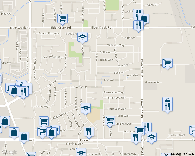 map of restaurants, bars, coffee shops, grocery stores, and more near 7542 53rd Avenue in Sacramento