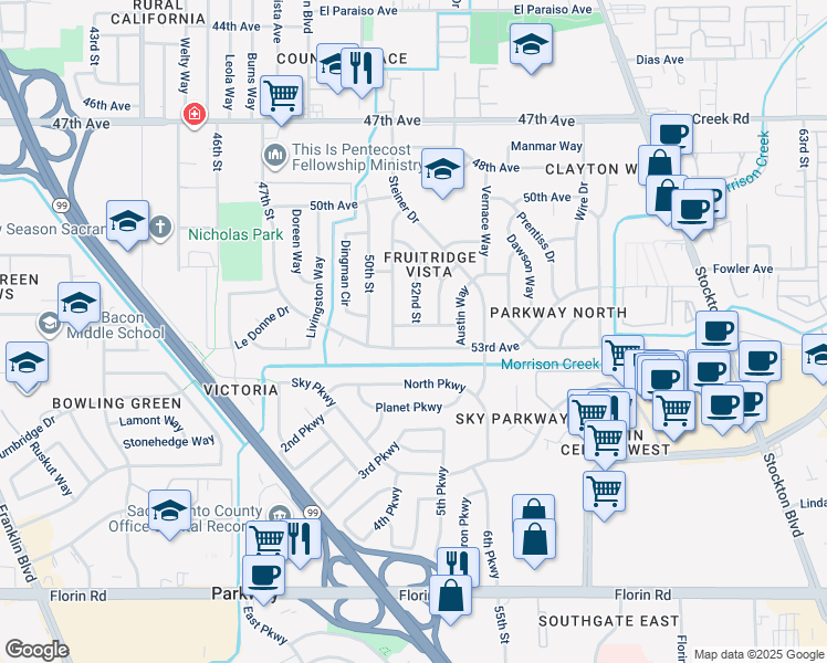 map of restaurants, bars, coffee shops, grocery stores, and more near 5124 52nd Avenue in Sacramento
