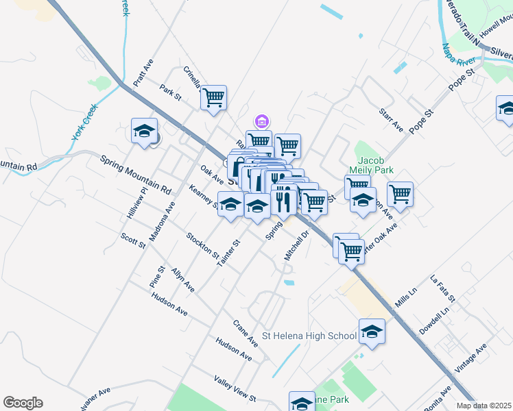 map of restaurants, bars, coffee shops, grocery stores, and more near 1314 Oak Avenue in St. Helena