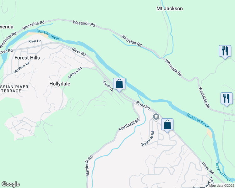 map of restaurants, bars, coffee shops, grocery stores, and more near 9771 River Road in Forestville