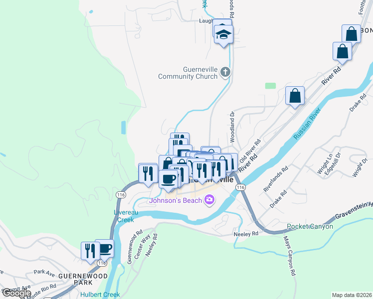 map of restaurants, bars, coffee shops, grocery stores, and more near 16390 4th Street in Guerneville