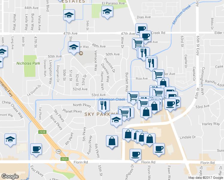 map of restaurants, bars, coffee shops, grocery stores, and more near 6839 Burdett Way in Sacramento