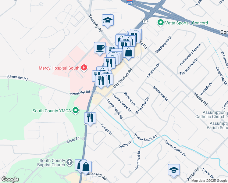 map of restaurants, bars, coffee shops, grocery stores, and more near 5167 Towne Centre Drive in St. Louis
