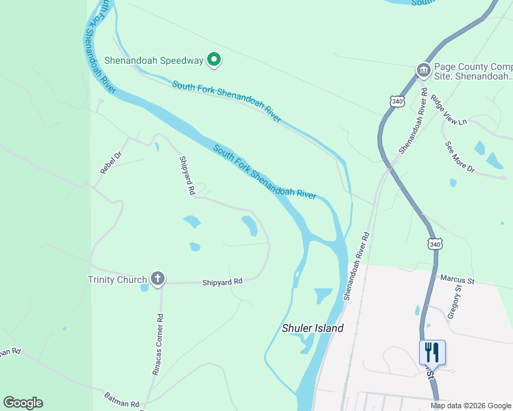 map of restaurants, bars, coffee shops, grocery stores, and more near 728 Shipyard Road in Shenandoah