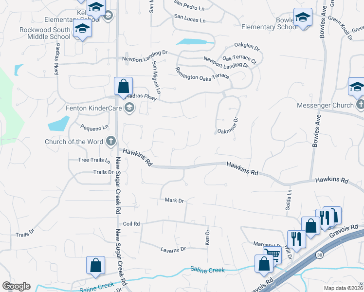 map of restaurants, bars, coffee shops, grocery stores, and more near 1414 Hawkins Meadow Drive in Fenton