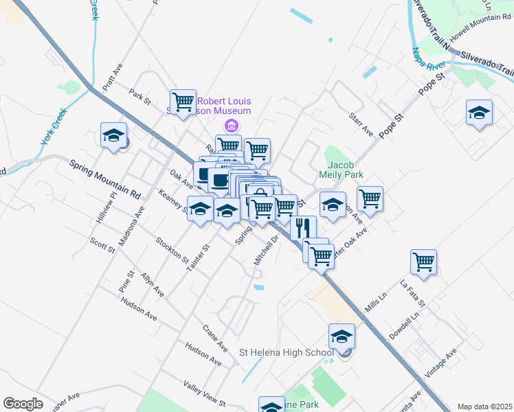 map of restaurants, bars, coffee shops, grocery stores, and more near 1222 Main Street in St. Helena
