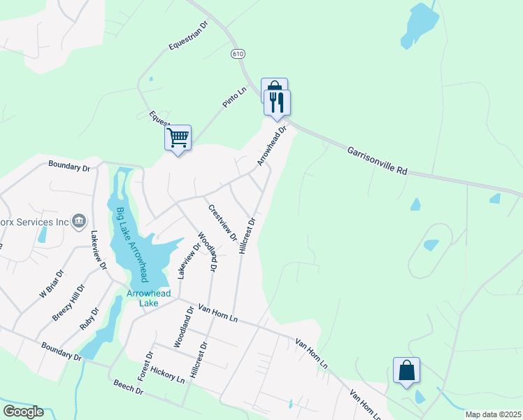map of restaurants, bars, coffee shops, grocery stores, and more near 56 Hillcrest Drive in Stafford