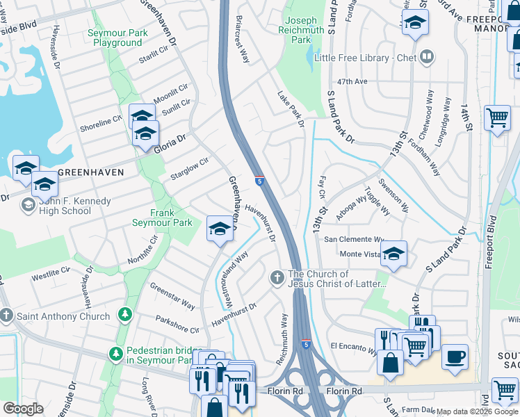 map of restaurants, bars, coffee shops, grocery stores, and more near 6805 Havenhurst Drive in Sacramento