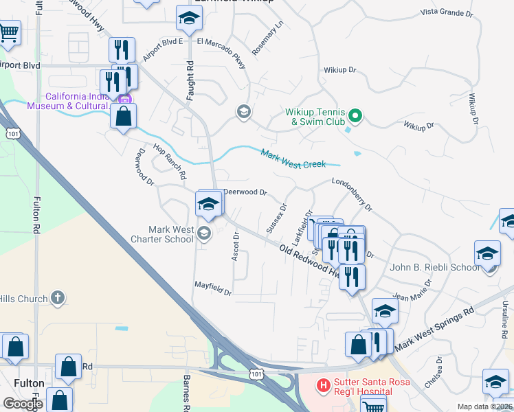 map of restaurants, bars, coffee shops, grocery stores, and more near 7 Voss Park Circle in Santa Rosa