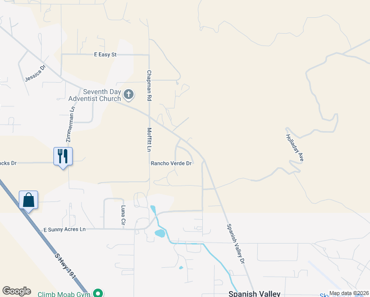 map of restaurants, bars, coffee shops, grocery stores, and more near 4626 Spanish Valley Drive in Moab