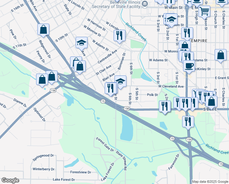 map of restaurants, bars, coffee shops, grocery stores, and more near 700 West Cleveland Avenue in Belleville