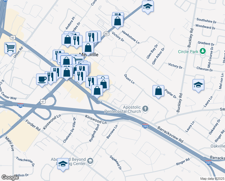 map of restaurants, bars, coffee shops, grocery stores, and more near 1102 Adworth Drive in St. Louis
