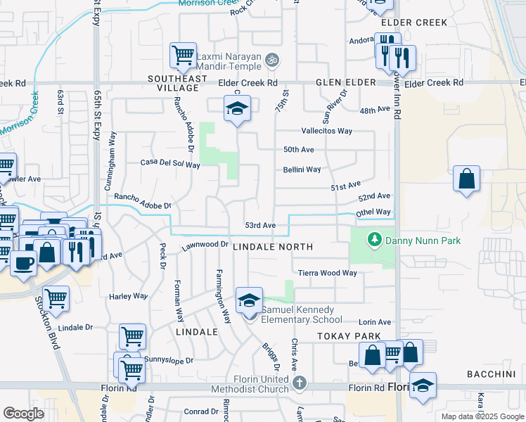 map of restaurants, bars, coffee shops, grocery stores, and more near 7416 Somerton Way in Sacramento